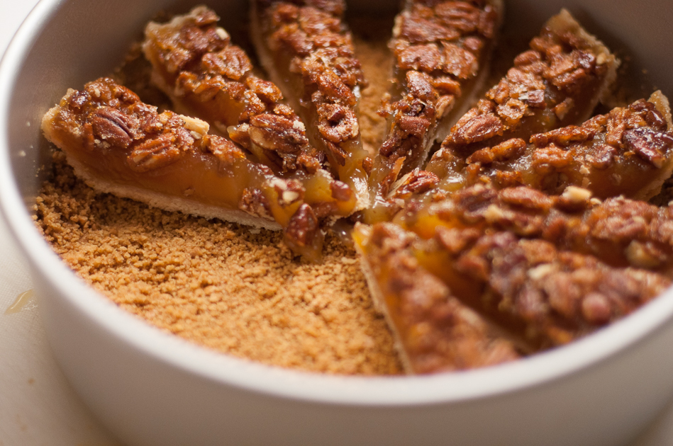lay pecan pie slices on graham cracker  crust for pecan pie cheesecake