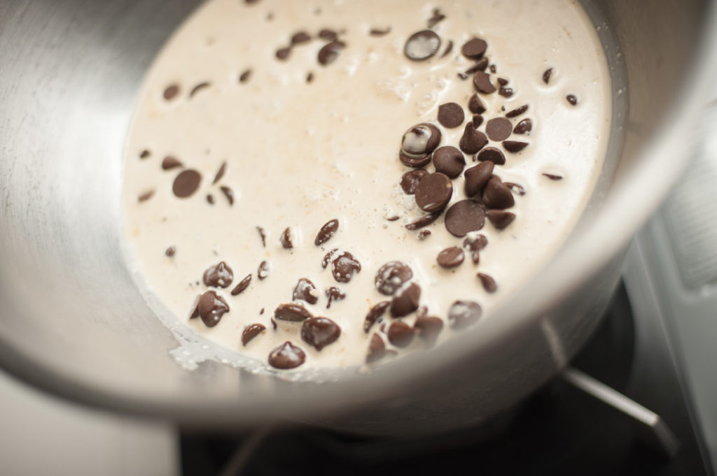 1 cup whipping cream, 1teaspoon bustelo instant espresso and 8 ounces of semisweet/bittersweet Ghirardelli chocolate baking chips combined in top of double boiler